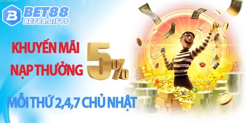 Khuyến Mãi BET88 Thưởng Ngàn Quà Tặng Cho Hội Viên BET88 4 Khuyến mãi BET88 thưởng nạp 5% Nổ Hũ, Game Bài và Bắn Cá